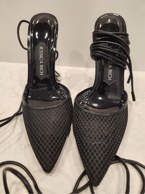 Jessica Rich Black Mesh Stiletto Pointed Lace-Up Women's Heels